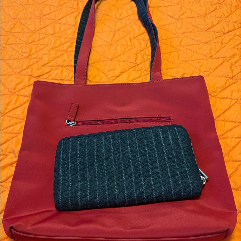 Esprit Red and Black Canvas Tote with Matching Wallet Sturdy Design